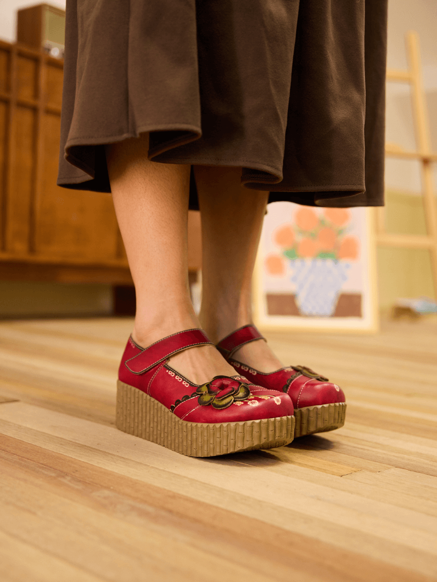 Soffia | Darya Floral Leather Wedge Mary Jane - Red