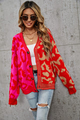 Janelle Leopard Button Up Knit Cardigan - Red