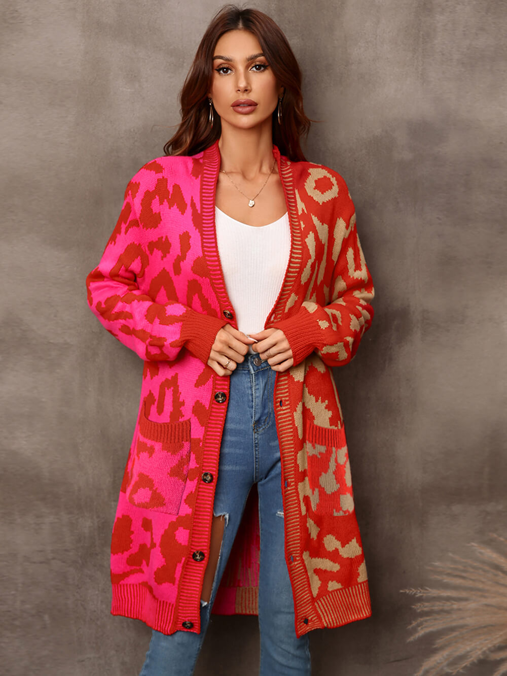 Hollis Leopard Knit Long Cardigan - Red