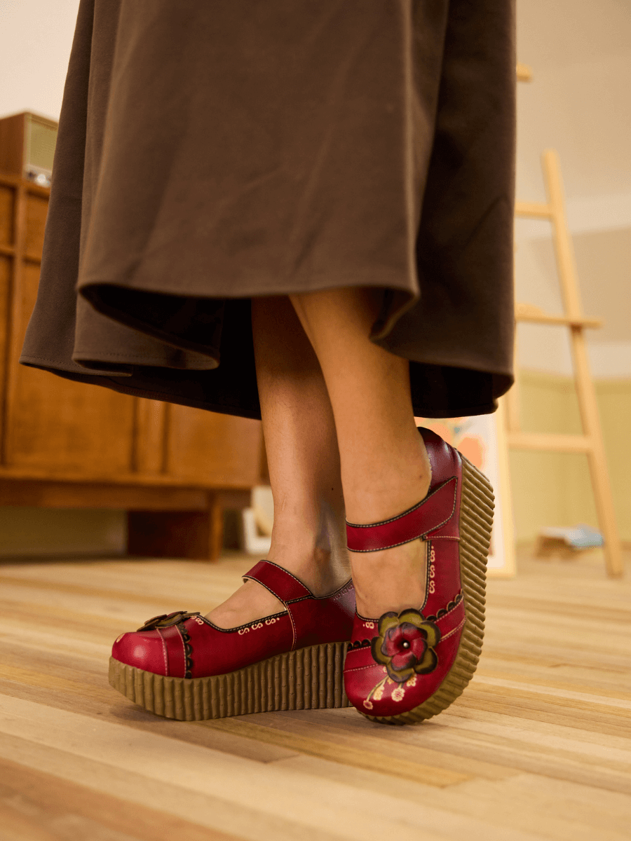 Soffia | Darya Floral Leather Wedge Mary Jane - Red