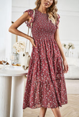 Always Falling Floral Tiered Midi Dress - Red