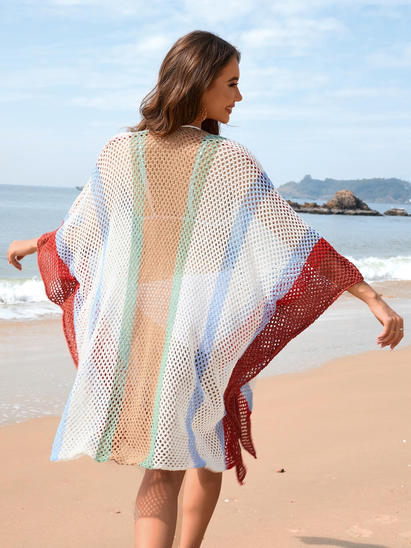 Calypso Stripe Knit Crochet Kimono - Red