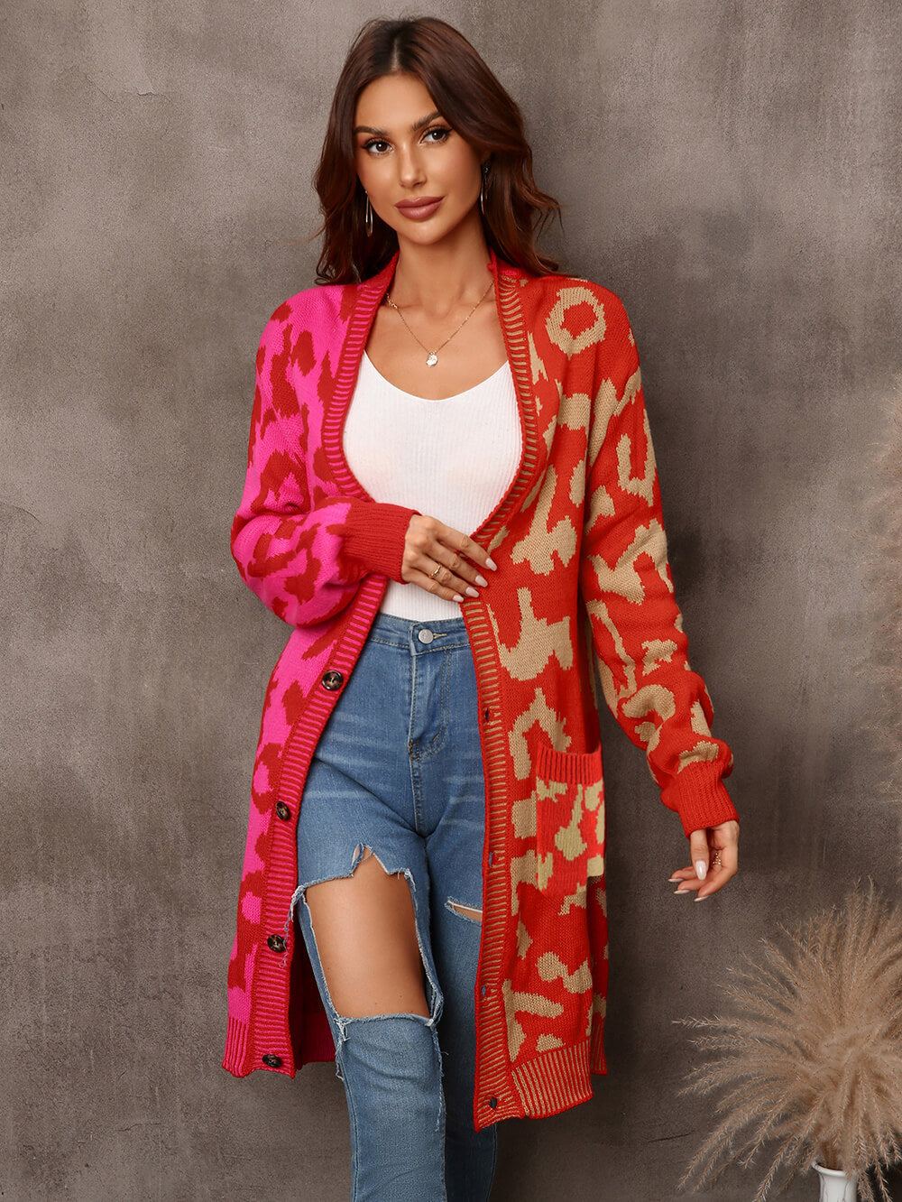 Hollis Leopard Knit Long Cardigan - Red