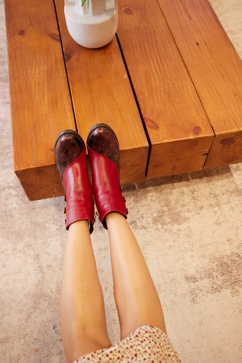 Soffia | Rosalind Rose Embossed Leather Ankle Boots - Red