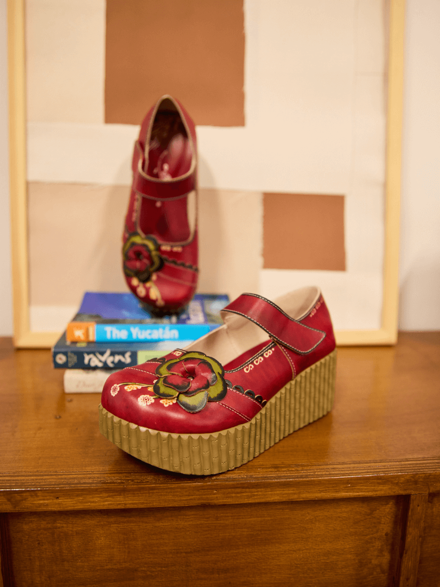 Soffia | Darya Floral Leather Wedge Mary Jane - Red