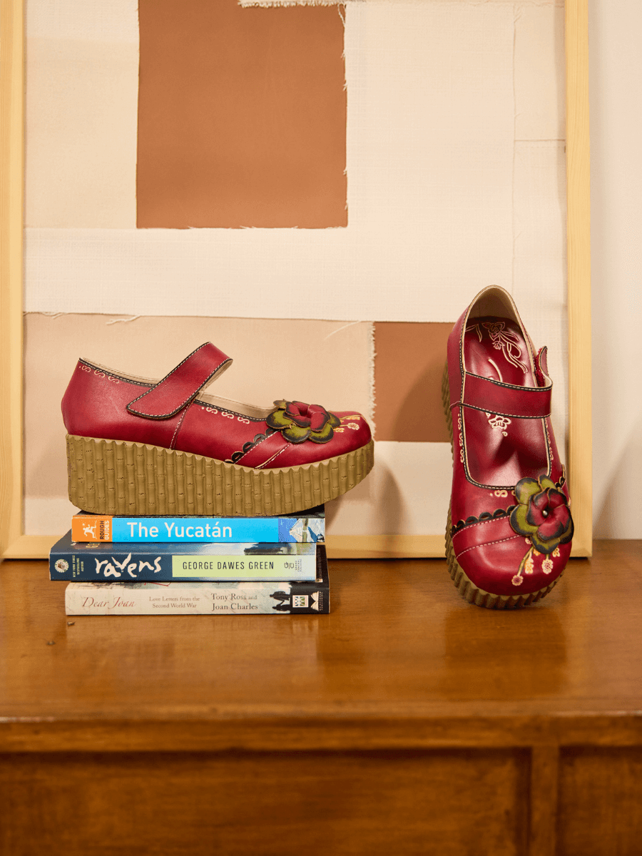 Soffia | Darya Floral Leather Wedge Mary Jane - Red