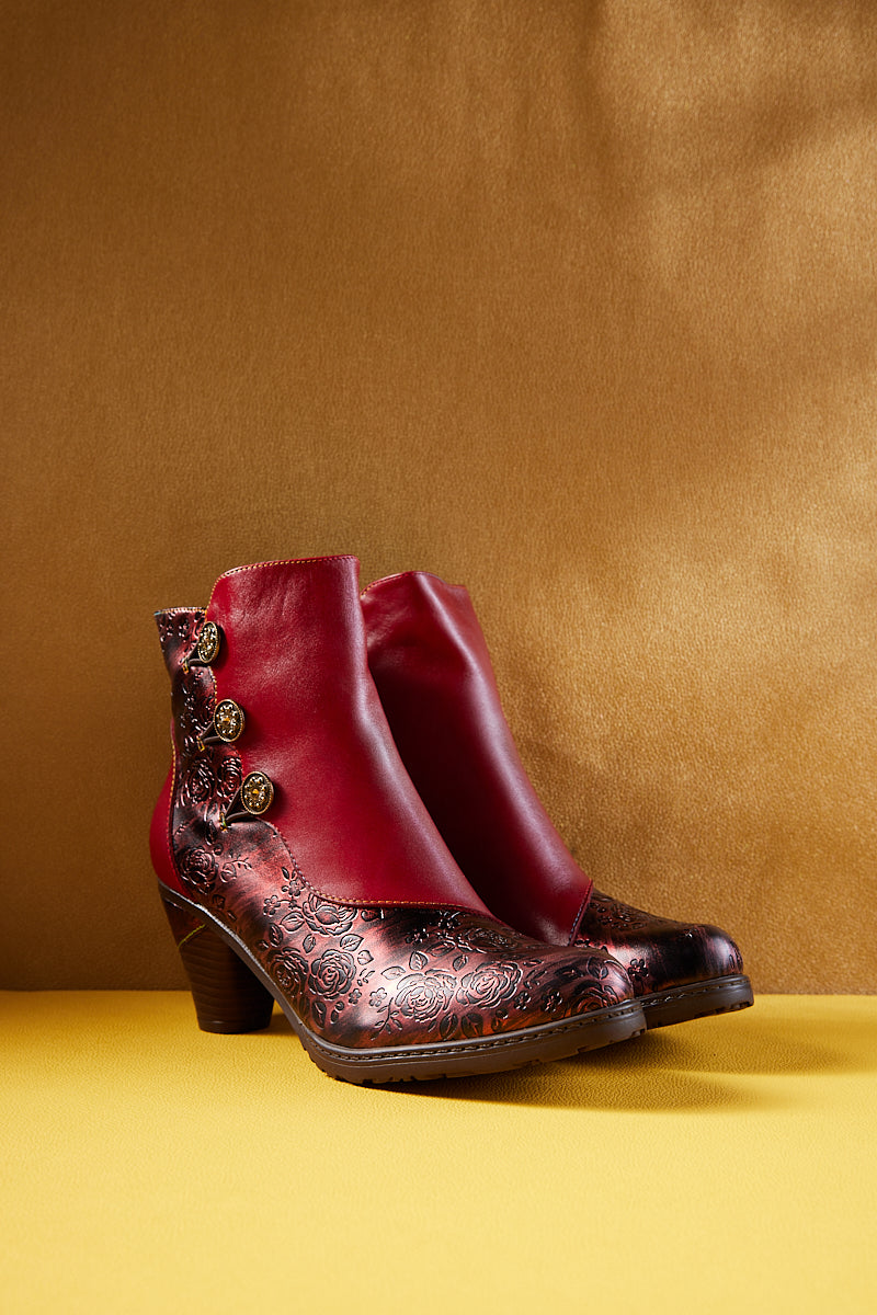 Soffia | Rosalind Rose Embossed Leather Ankle Boots - Red