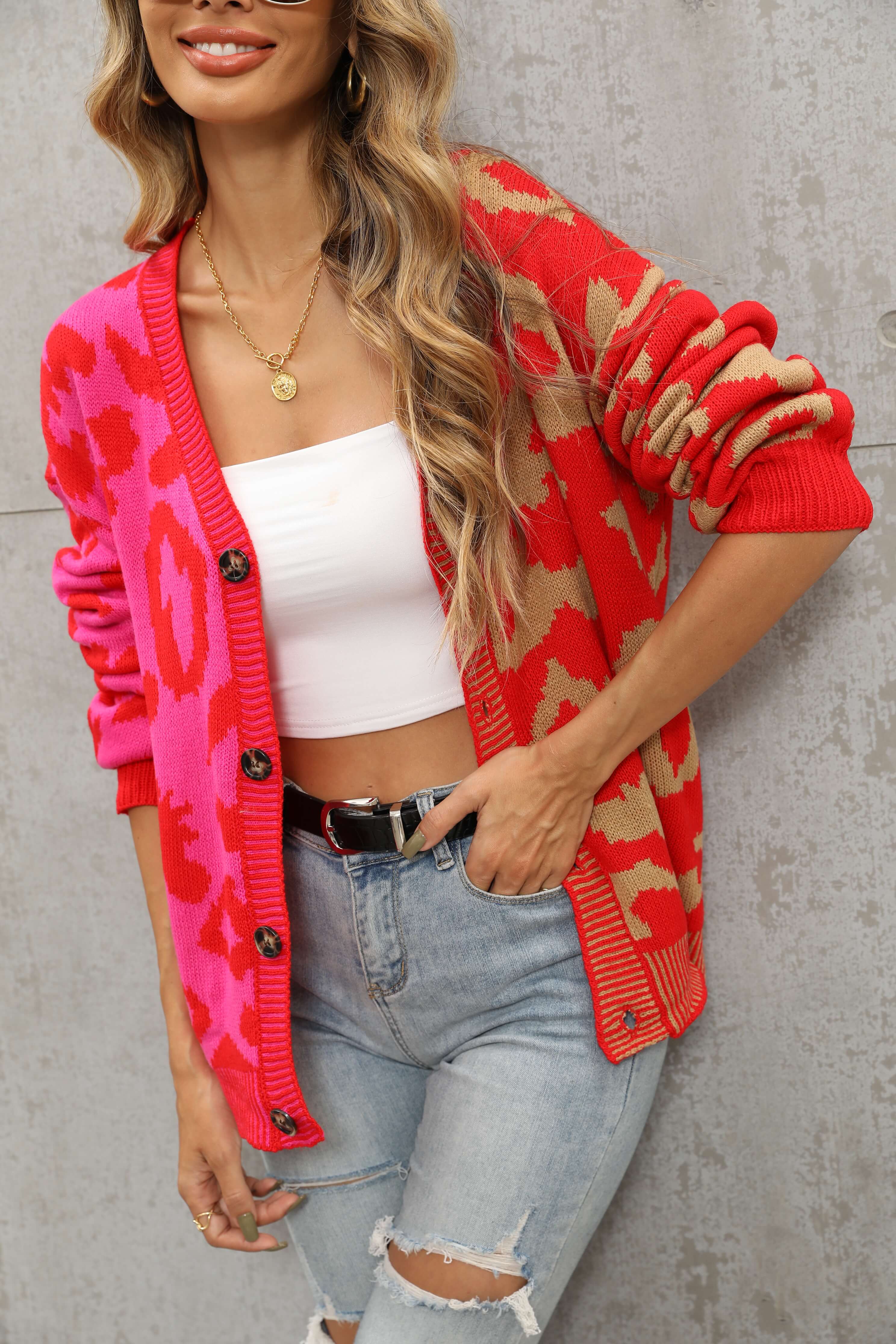 Janelle Leopard Button Up Knit Cardigan - Red