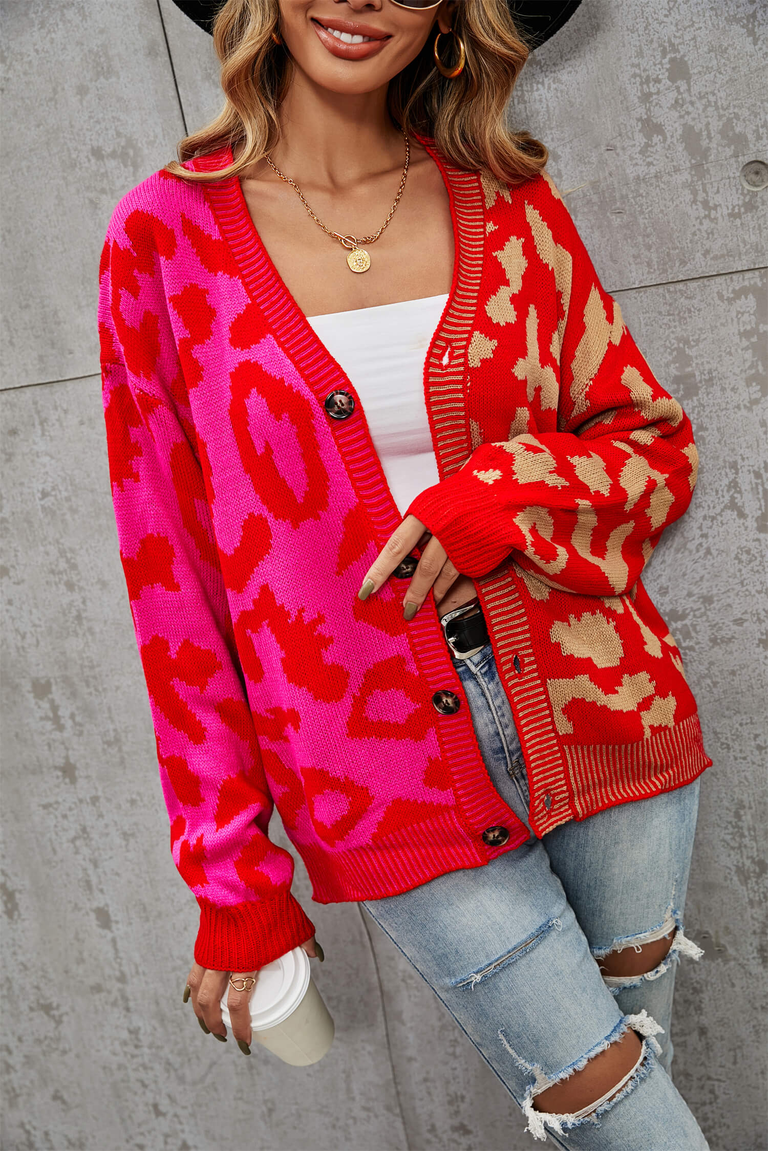 Janelle Leopard Button Up Knit Cardigan - Red