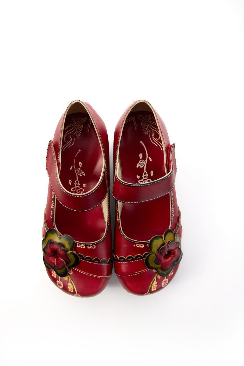 Soffia | Darya Floral Leather Wedge Mary Jane - Red