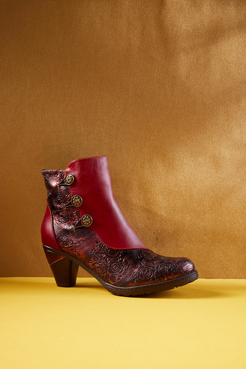 Soffia | Rosalind Rose Embossed Leather Ankle Boots - Red