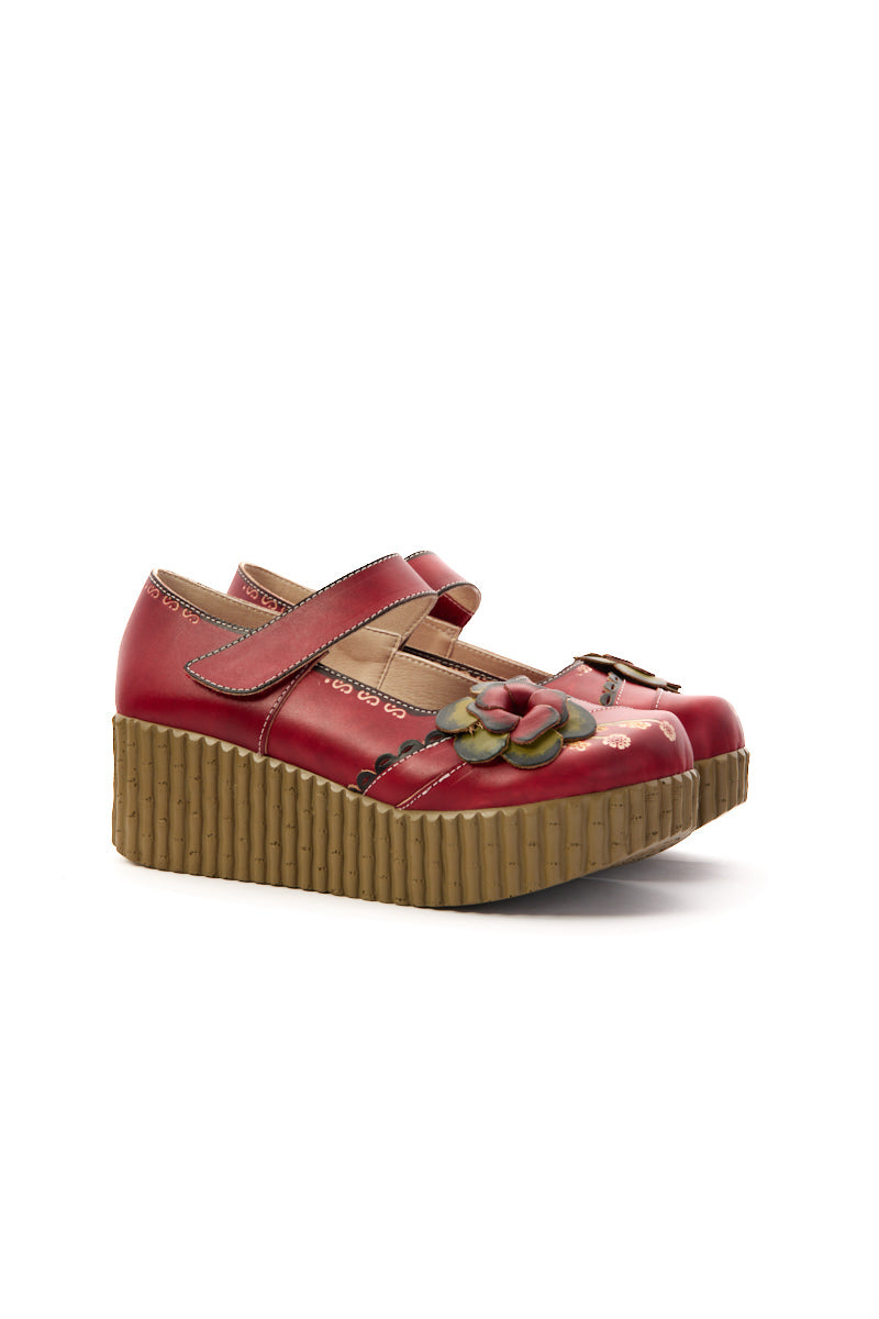 Soffia | Darya Floral Leather Wedge Mary Jane - Red