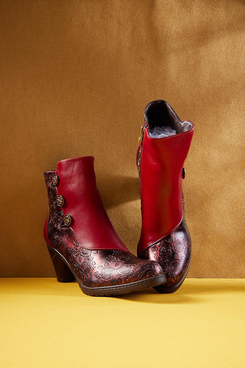 Soffia | Rosalind Rose Embossed Leather Ankle Boots - Red