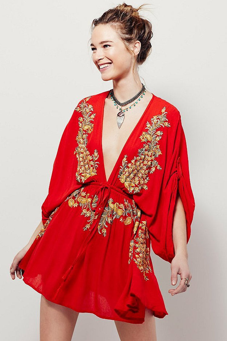 Retro Embroidered Deep V Sleeved Boho Style Mini Dress - Red