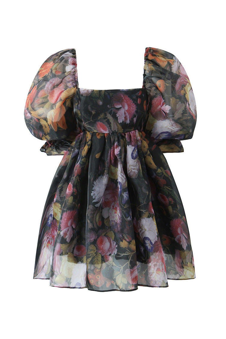 Retro Floral Print Square Neck Puff Sleeve Organza Micro Mini Babydoll Dress