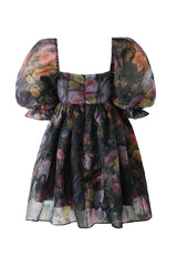 Retro Floral Print Square Neck Puff Sleeve Organza Micro Mini Babydoll Dress