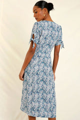 Retro Floral Print Tie Sleeve Button Up French Shirt Midi Dress - Blue