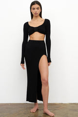 Ribbed Long Sleeve High Slit Two Piece Dress - Black