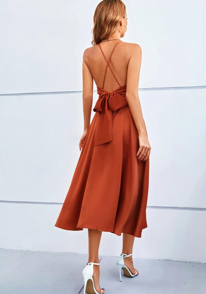 Terracotta Satin Bow-Back Midi Dress