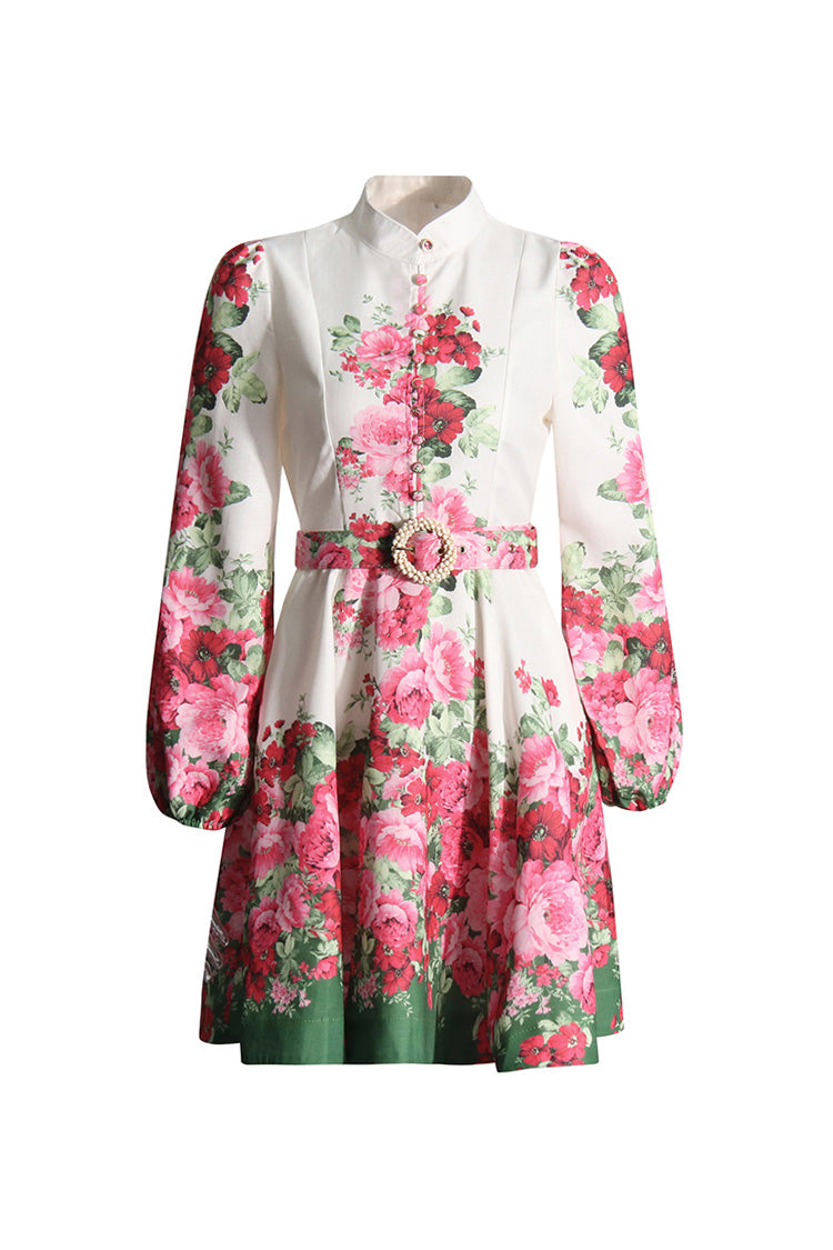 Romantic Floral Mandarin Collar Belted Blouson Sleeve Beach Vacation Mini Dress