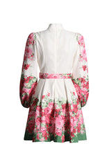 Romantic Floral Mandarin Collar Belted Blouson Sleeve Beach Vacation Mini Dress