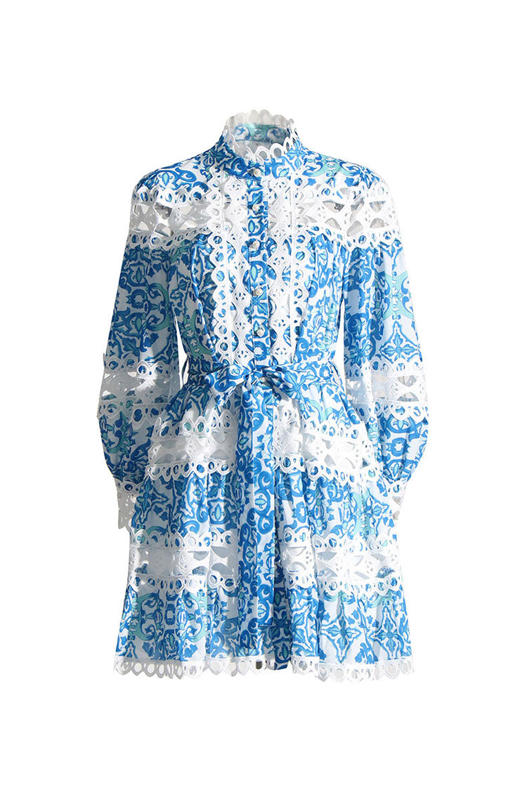 Romantic Floral Scalloped Lace Cutout Bishop Sleeve Belted Mini Shirt Dress