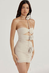 Romantic Flower Cutout Mesh Ruched Strapless Mini Dress - Light Gray