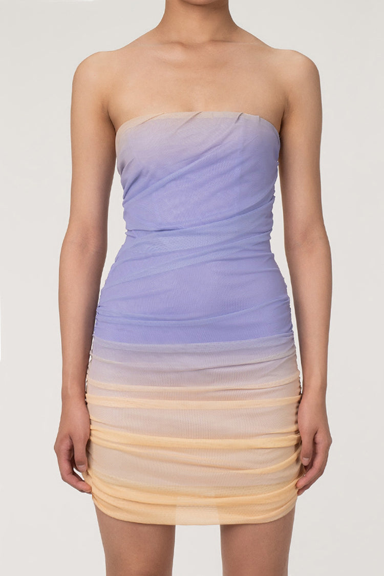 Romantic Ombre Tie Dye Strapless Ruched Bodycon Mesh Party Mini Dress