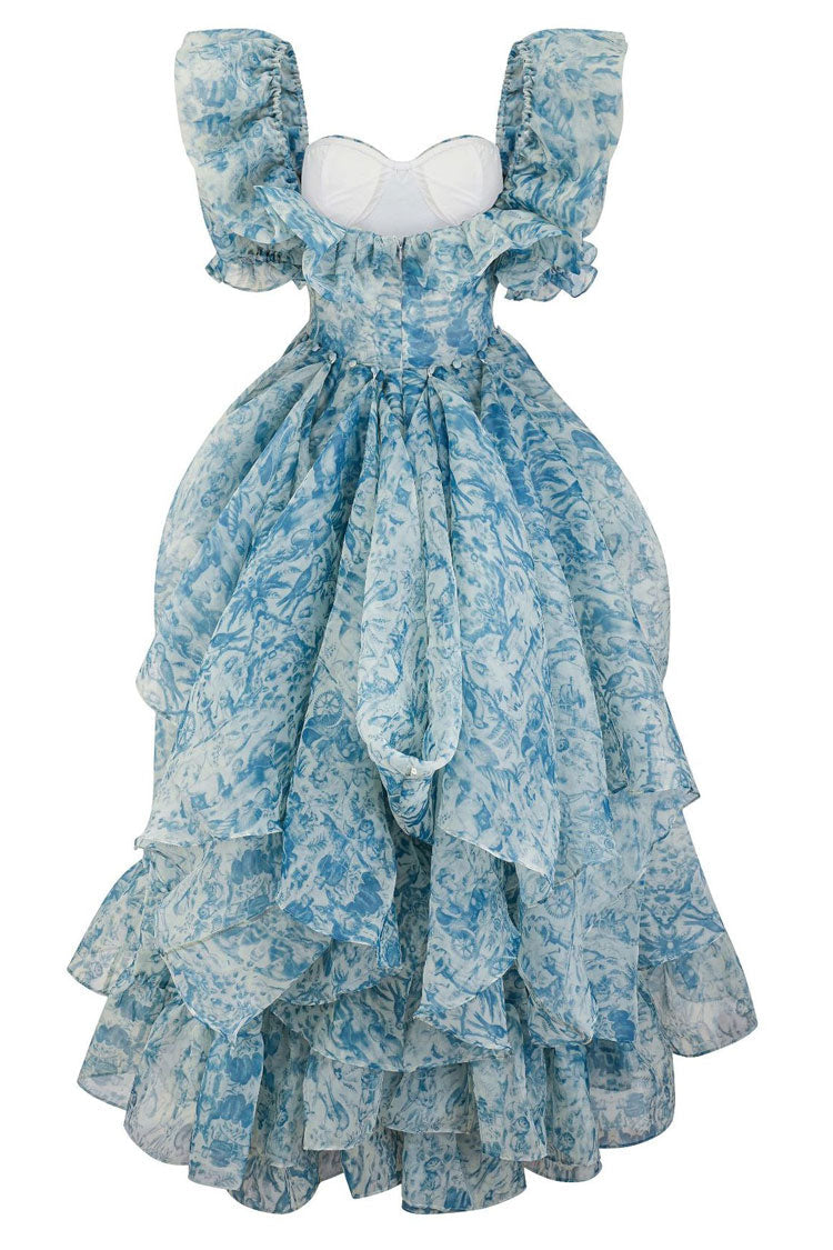 Romantic Puff Sleeve Floral Organza Layered Ruffle Split Gown Dress - Blue