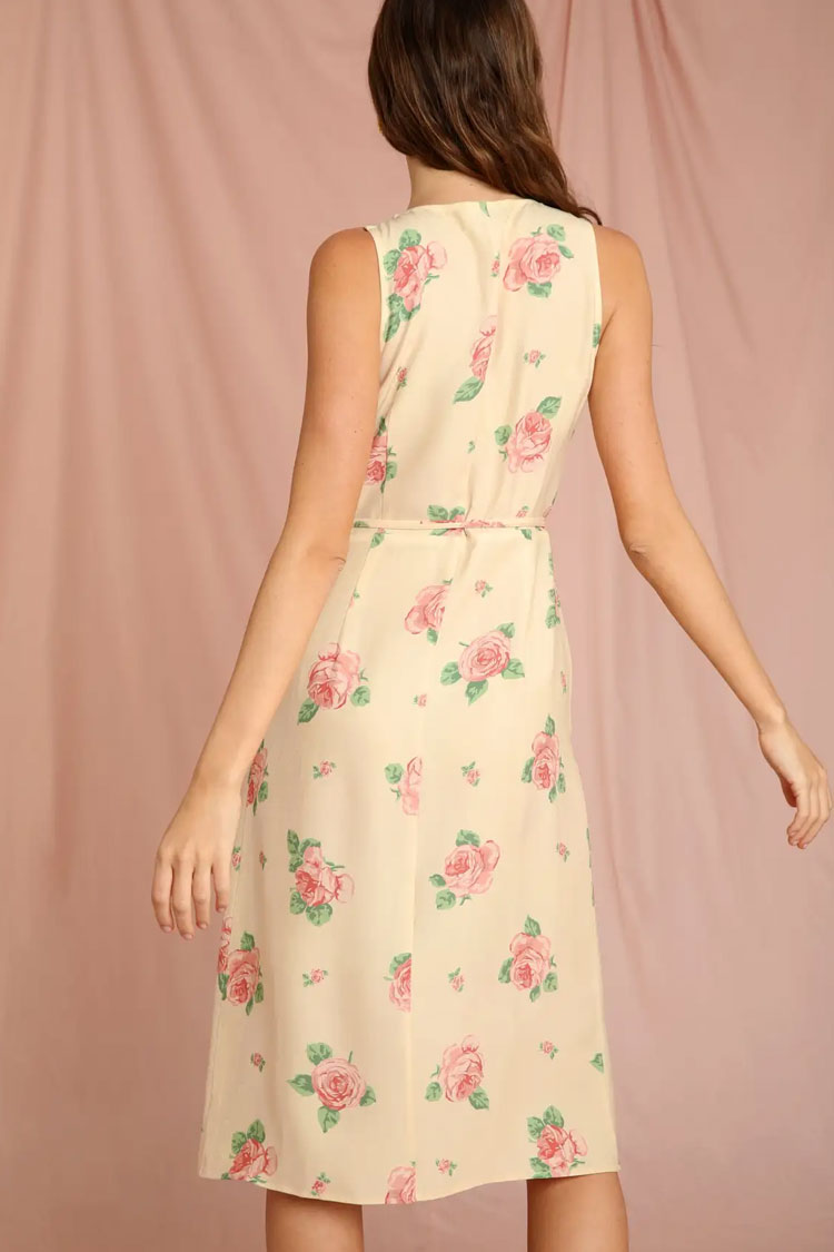 Romantic Rose Printed Sleeveless French Wrap Midi Dress - Yellow