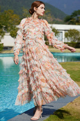 Romantic Ruffle Neck Long Sleeve Floral Tulle Layered Evening Maxi Dress - Orange