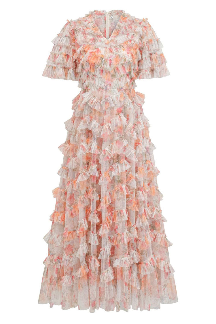 Romantic Ruffle Neck Long Sleeve Floral Tulle Layered Evening Maxi Dress - Orange