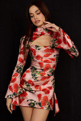 Rose Printed High Neck Cutout Long Sleeve Mini Dress - Red