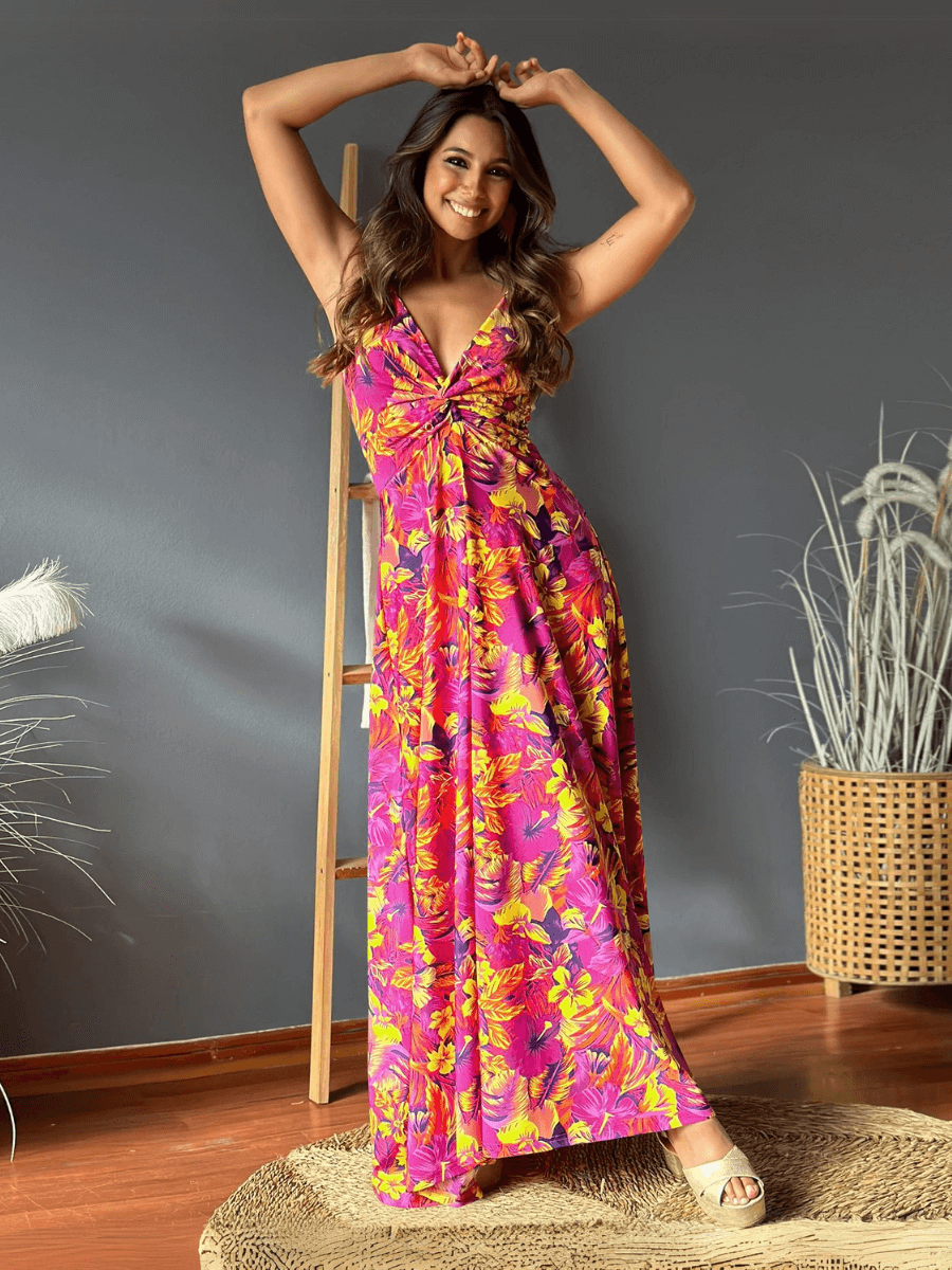 Cynthia Floral V-Neck Boho Maxi Dress - Rose