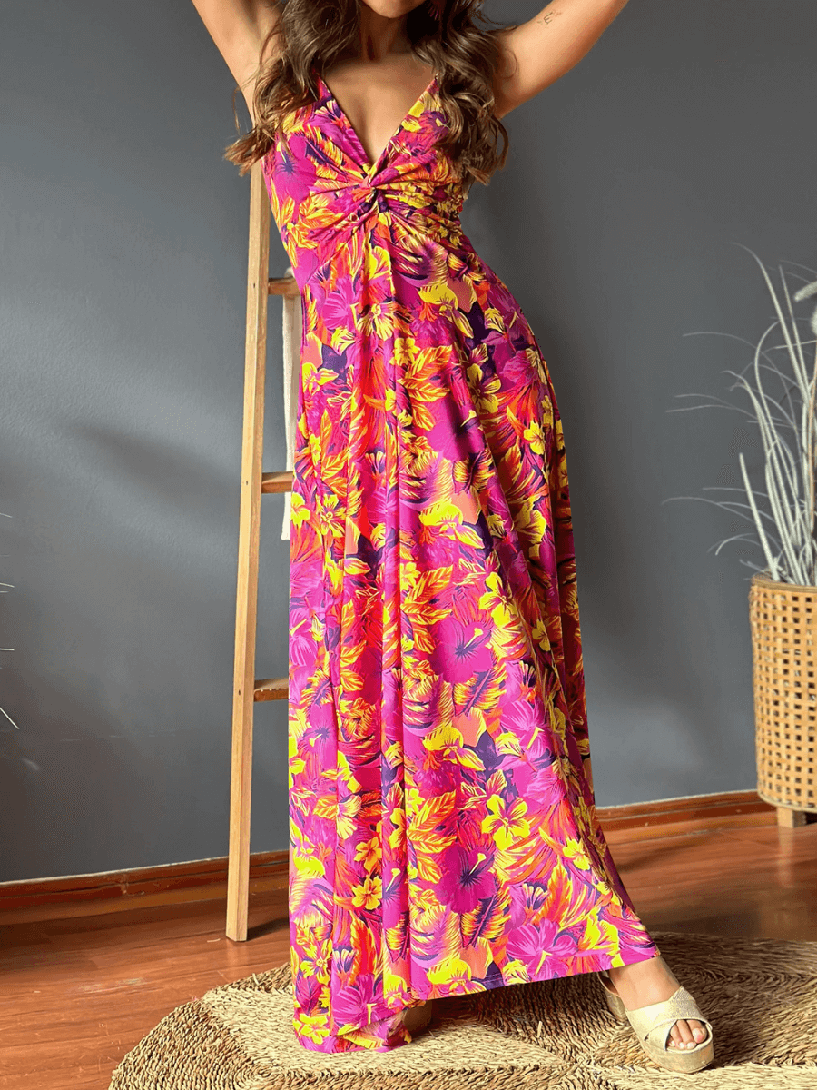 Cynthia Floral V-Neck Boho Maxi Dress - Rose