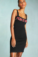 Rosy Embroidered Sleeveless French Knit Mini Sundress - Black