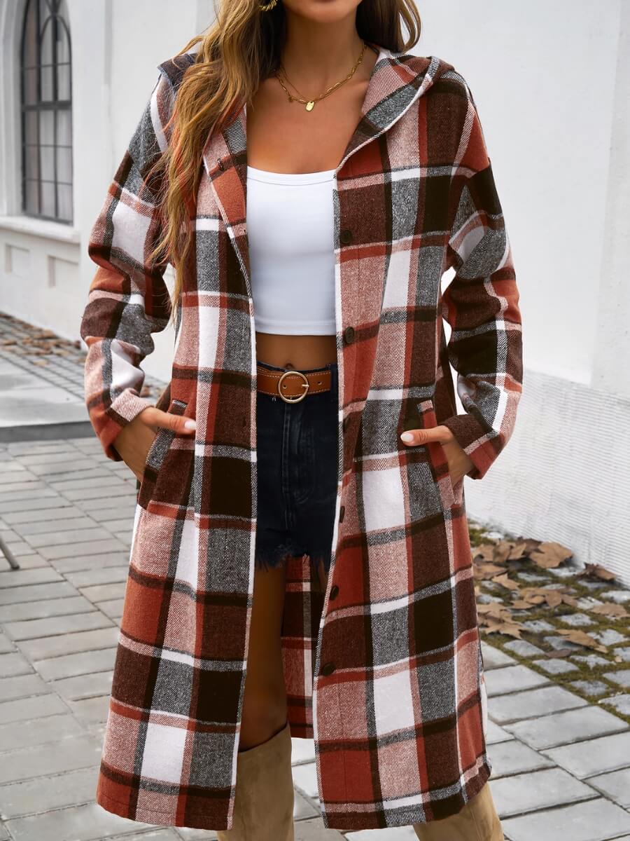 Town Stroll Plaid Hooded Coat - Rust