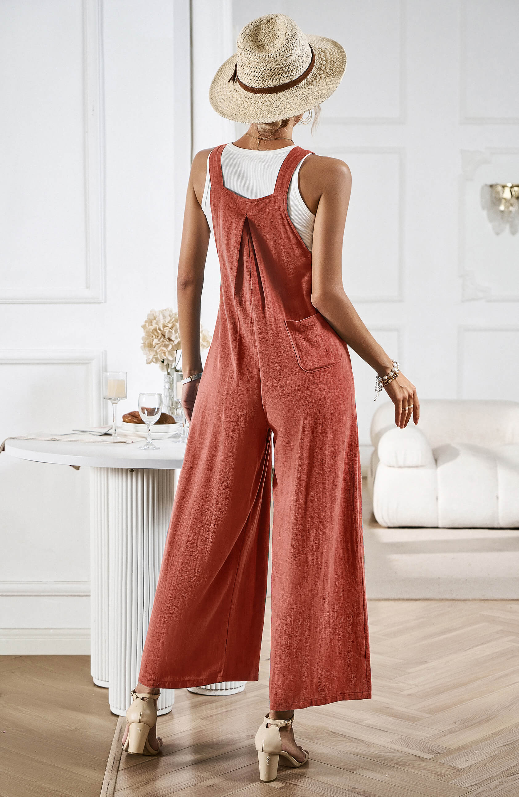 LINETTE WIDE LEG LINEN OVERALLS - RUST