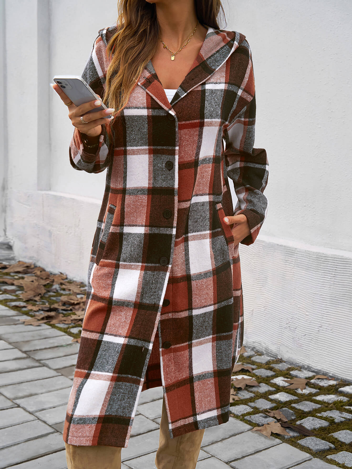 Town Stroll Plaid Hooded Coat - Rust