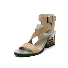 JADY ROSE | BLOCK HEEL CROSS TRIPLE-STAP LEATHER SANDAL - SAND