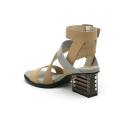 JADY ROSE | BLOCK HEEL CROSS TRIPLE-STAP LEATHER SANDAL - SAND