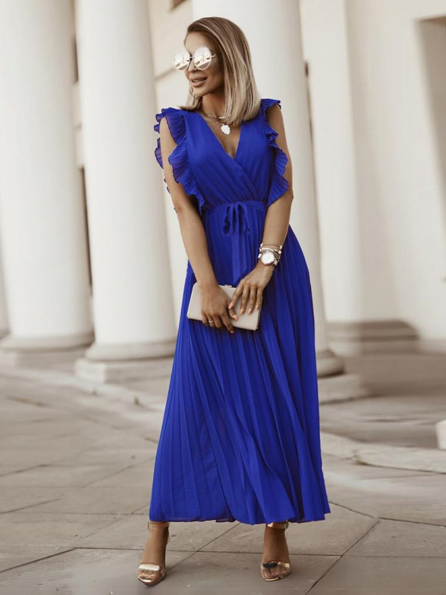 Elisha Plisse Ruffle Shoulder Midi Dress - Sapphire