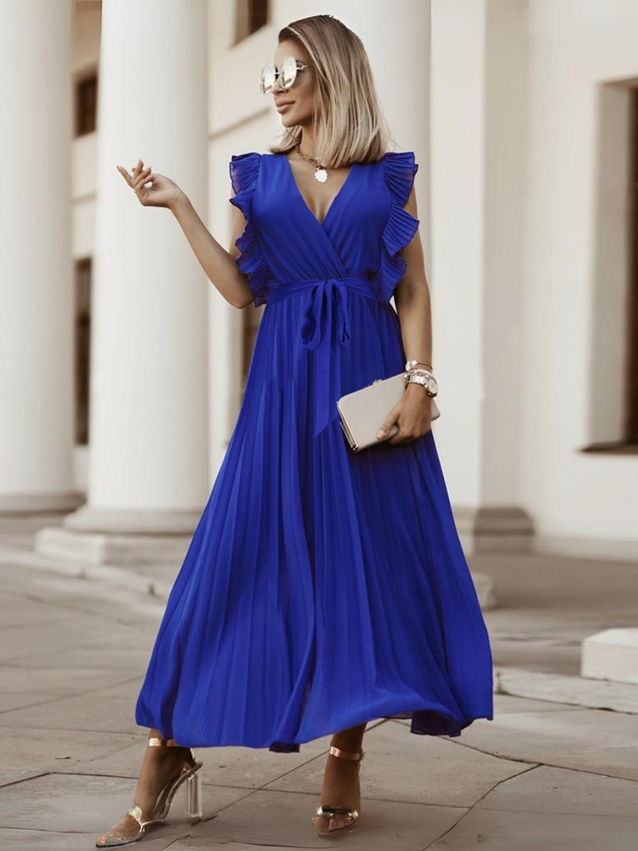 Elisha Plisse Ruffle Shoulder Midi Dress - Sapphire