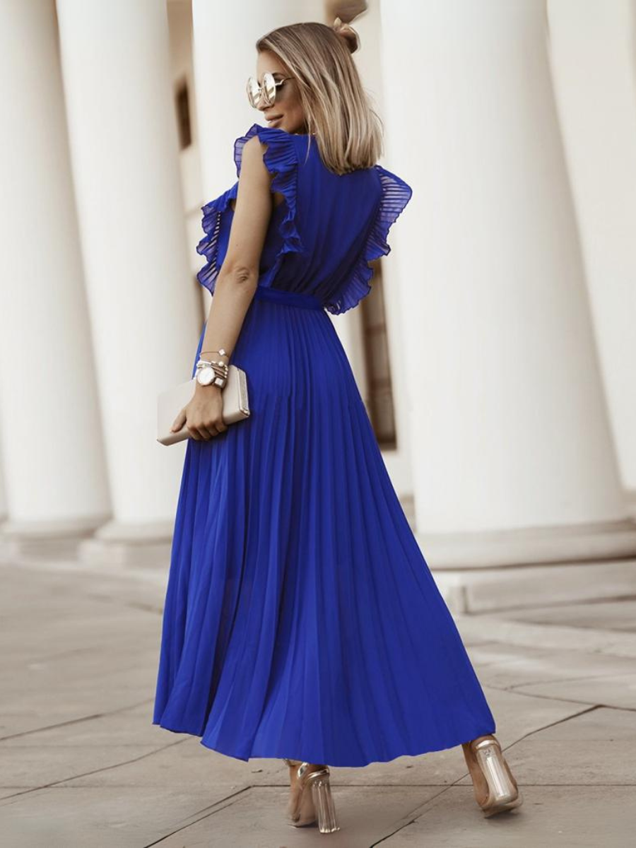 Elisha Plisse Ruffle Shoulder Midi Dress - Sapphire