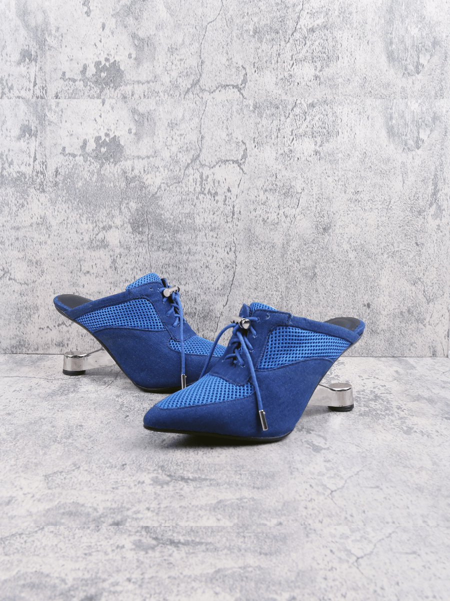 Jady Rose | Aras Leather Mesh Upper Mule Heels - Blue