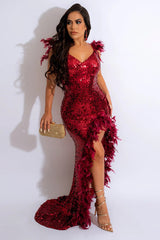 Sexy Backless Faux Feather Deep V Split Sequin Evening Maxi Dress