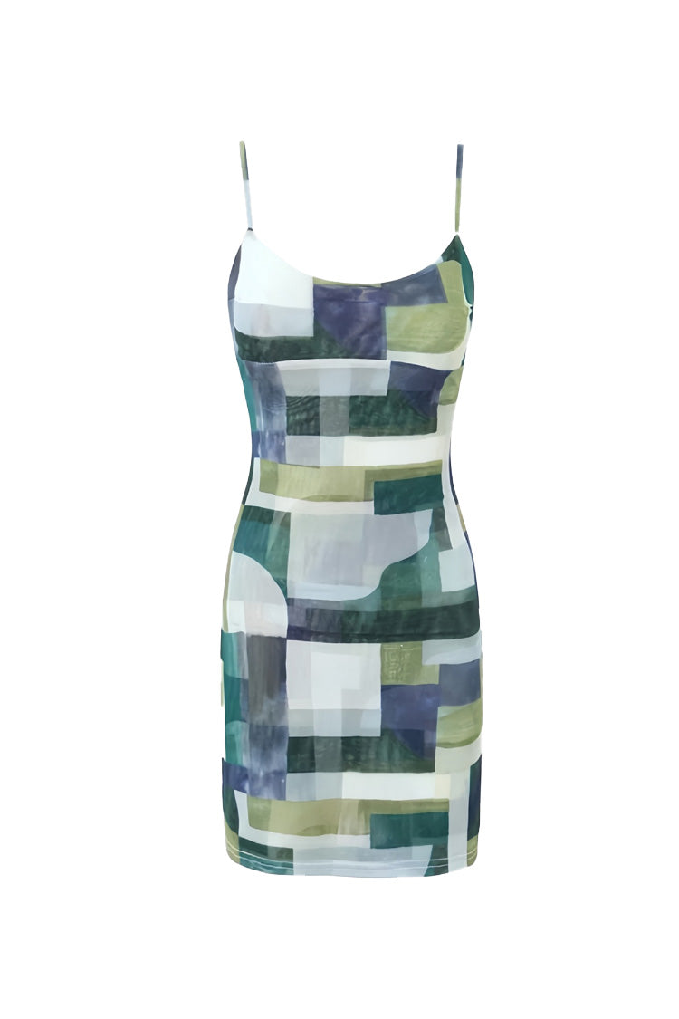 Sexy Blurry Geometric Printed Mesh Bodycon Sleeveless Club Mini Dress