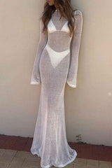 Sexy Boat Neck Bell Sleeve Crochet Knit Beach Vacation Maxi Dress - White