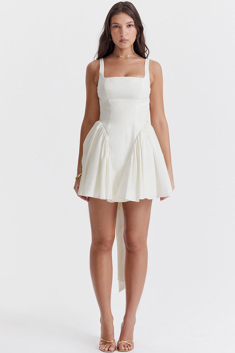 Sexy Bow Tie Backless Ruched Fit & Flare Summer Mini Sundress - White