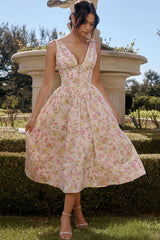 Sexy Bow Tie Deep V Ruched Drop Waist Pocket Corset Floral Midi Sundress - Pink